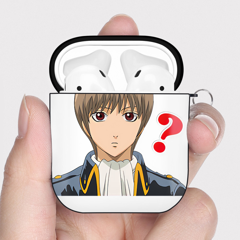 （画像用） ぎんたま 坂田銀時（さかたぎんとき） 神楽 志村新八（しむら しんぱち） GINTAMA Sakata Gintoki Kagura Shimura Shinpachi AirPods 第2世代保護ケース ハードシェル ブラック 耐衝撃・防指紋・カラビナ付き